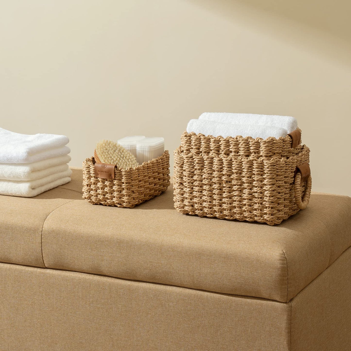 La Jolíe Muse Woven Wicker Storage Baskets, Paper Rope Storage Boxes Bin Organizer Divider for Cupboards Drawer Closet Shelf Dresser, Set of 3 (Desert)