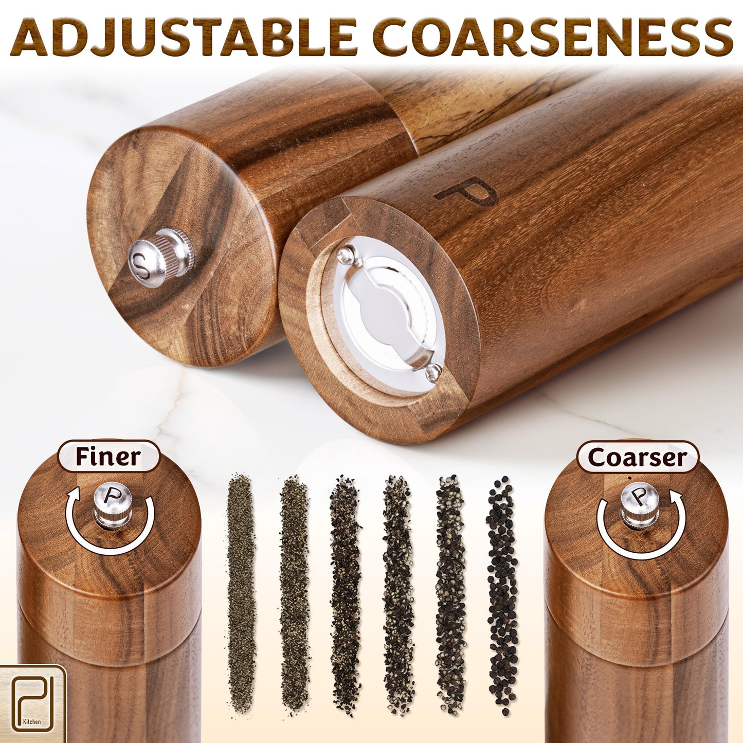 Premium Wooden Salt and Pepper Grinder Set - 28 g / 1 oz each, Acacia Solid Wood Mills - Refillable Coarse Grain Salt & Peppercorn Manual Twist Grinders - Modern or Rustic Home Table - by PJC-Kitchen