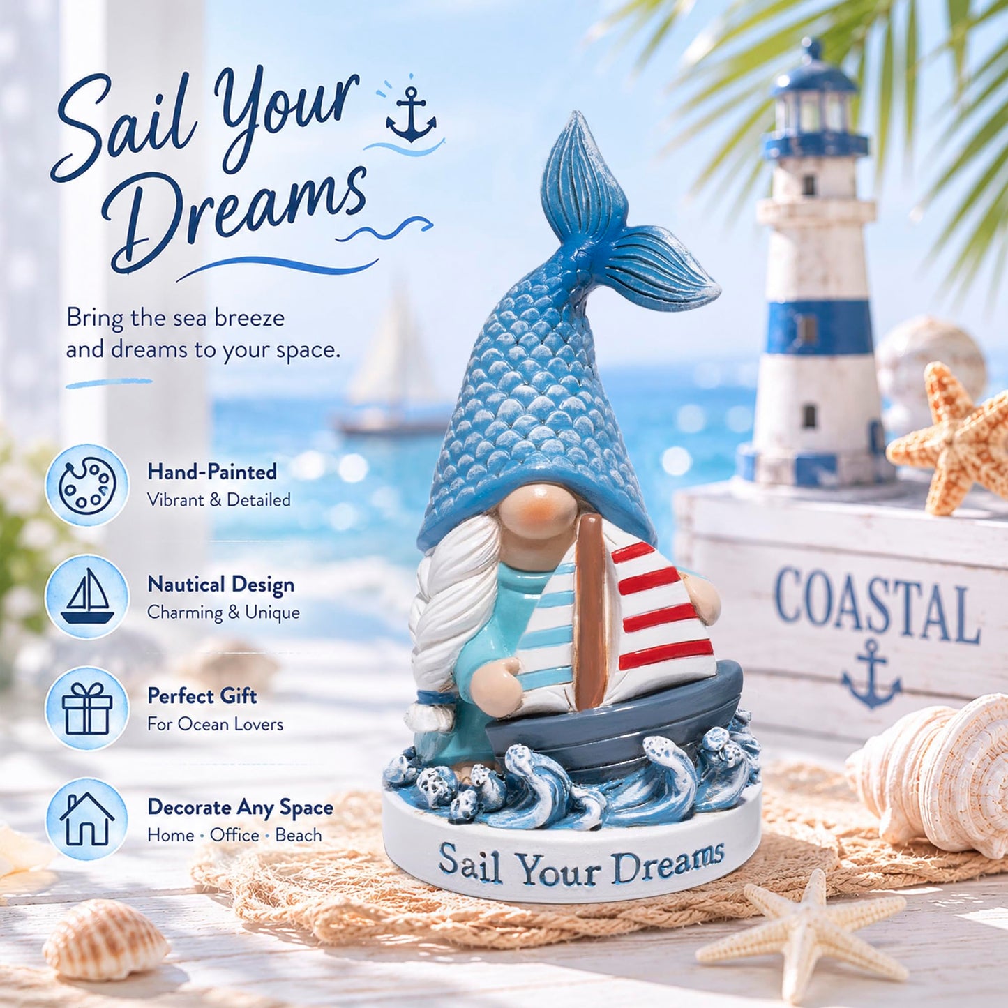Hodao Ocean Gnome Coastal Decor Figurines Set – Nautical Beach Elf Statues with Sailboat Anchor Helm, Summer Coastal Home Decorations Gift for Bathroom Office Desk Shelf (Blue-Sailboat)