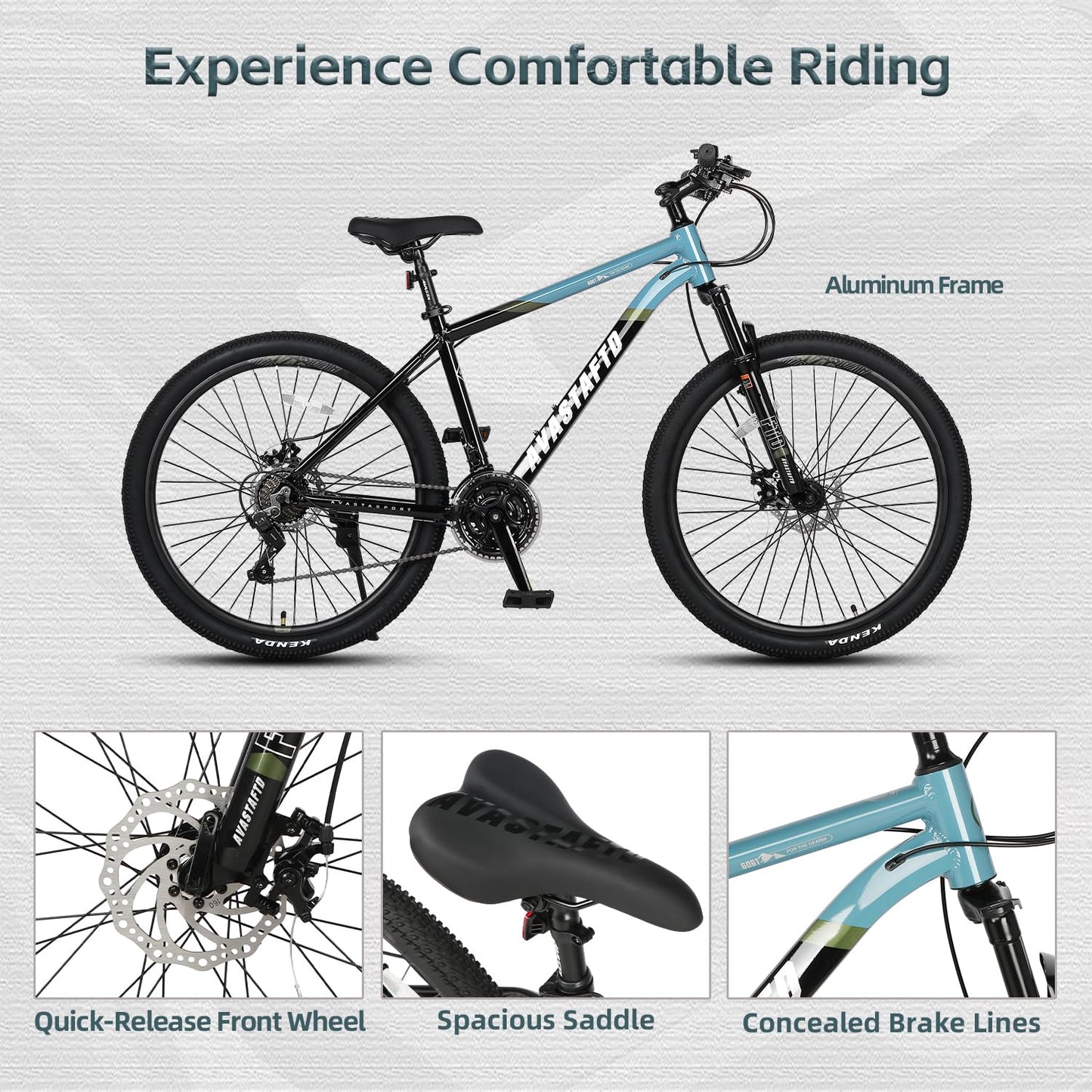 AVASTA 27.5-inch Mountain Bike for Man Male and Woman Female Adult with Lightweight Aluminum Alloy Frame and Dual Disc Brakes,Front Suspension,21-Speed Gear Shifters,Hidden Brake Cables,Blue