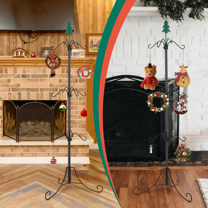 Bvomheez Christmas Stocking Holder Stand, Freestanding Max 62" Height Stand with 12 Hooks, Height Adjustable Metal Hanger with Green Iron Christmas Tree Top, for Christmas Holiday Decoration