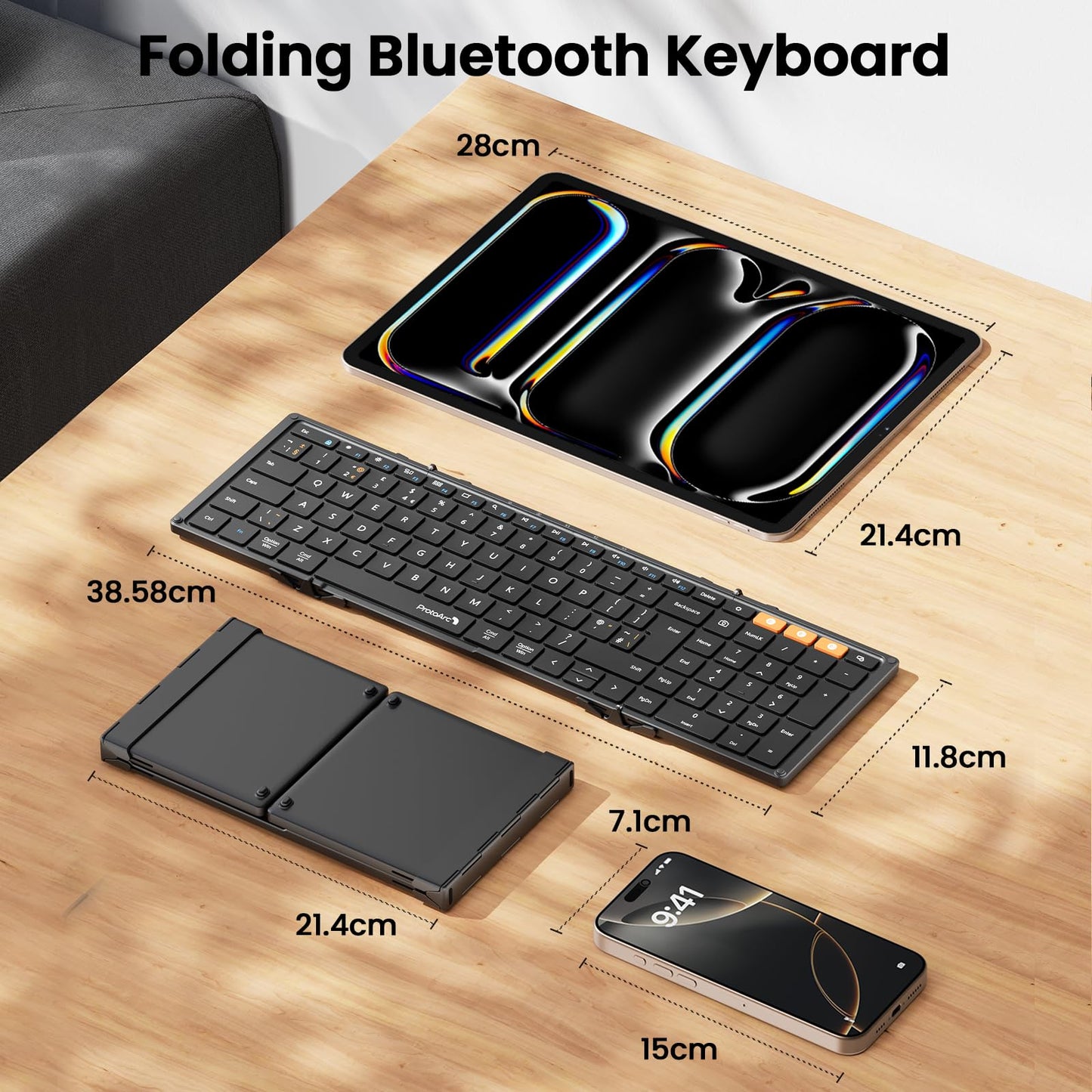 ProtoArc XK01 Foldable Bluetooth Keyboard with Number Pad - Full-Size Portable Wireless Folding Keyboard for Windows, iOS, Android & Tablets | QWERTY UK Layout | Black