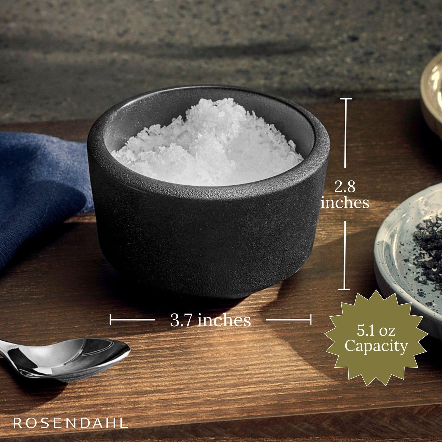 Rosendahl RÅ Salt Cellar with Ash Wood Lid - Black Ceramic, Rustic Stoneware with Cast Iron Look, Japandi Inspired Design, Stylish Addition to Your Table Setting