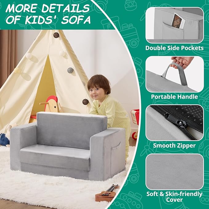 Kids Couch, 2-in-1 Toddler Chair Comfy 1-3 Years, Convertible Kids Chair