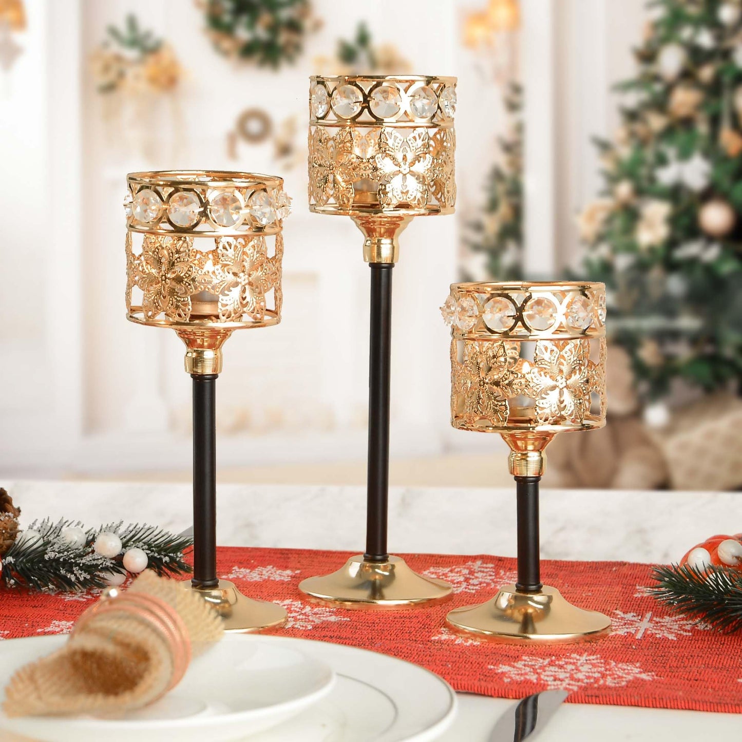 Kehail Set of 12 Floral-Carved Crystal & Metal Tealight Candelabras Bulk- Elegant Gold & Black Wedding Centerpiece, Dining Table Decor, Votive Candle Holders