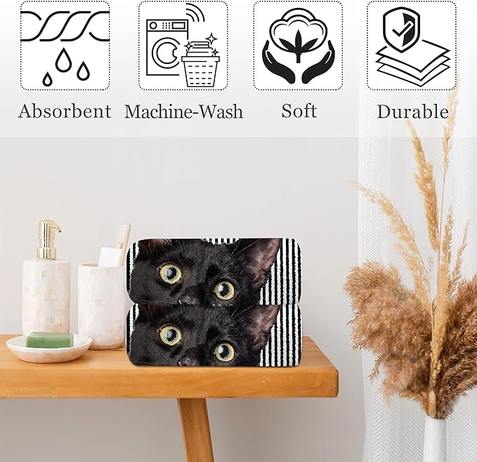 Cute Black Cat Hand Towel for Bathroom Set of 2, Cat on Black White Stripes
