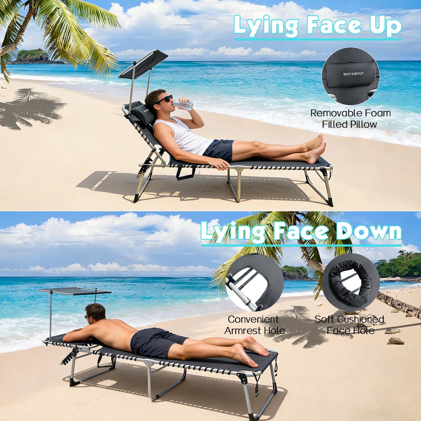WKFAMOUT Outdoor Tanning Chair with Sun Canopy Shade & Face Hole, Folding Lounge Chair with Beach Table and Carry Bag for Poolside Sunbathing Lawn