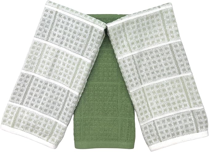 Sage Green Kitchen Dish Towels – Set of 3 100% Cotton Cloth Soft Cleaning