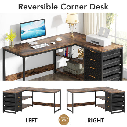 LITTLE TREE 59-Inch L Shaped Desk with Drawers, Large Computer Desk with Storage Shelves, Reversible L-Shaped Corner Desk Workstation for Home Office