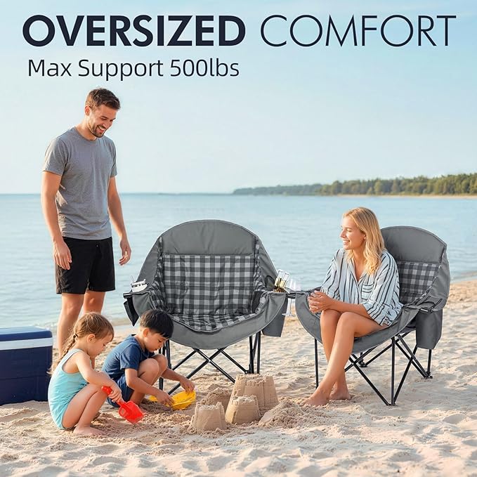 Oversized Camping Chairs for Adults - Heavy Duty Padded Outdoor Folding Lawn XL Camp Chair with Cup Holder Cooler Pockets for Outside Sports Beach Fishing Garden Portable Supports 500lbs, Grey