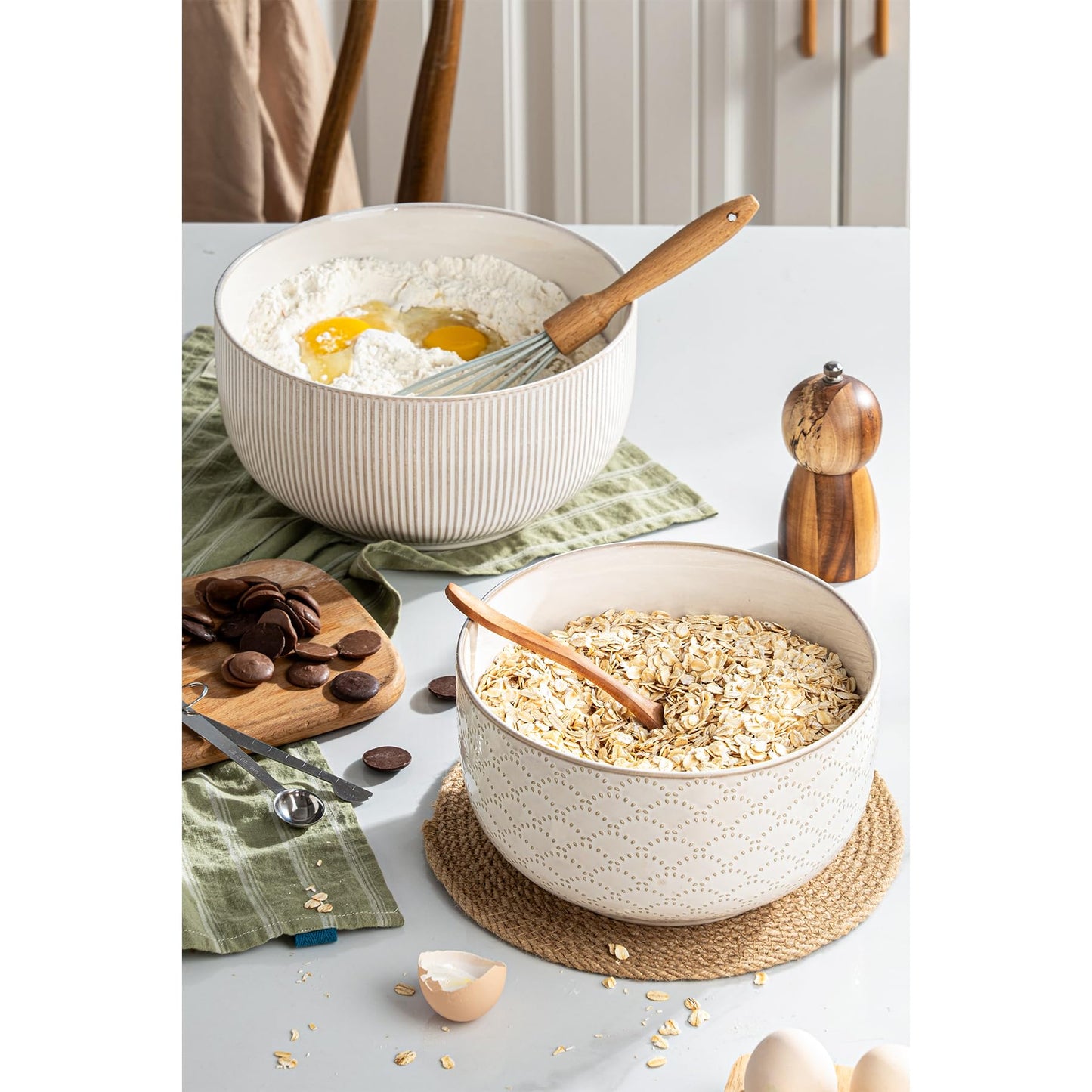 Mikiegy Ceramic Mixing Bowls Set of 2, Nesting Ceramic Embossment Stoneware Mixing Bowls for Cooking, Serving, Popcorn, Salad etc, Microwave & Dishwasher Safe, 98/145 oz, Off-White