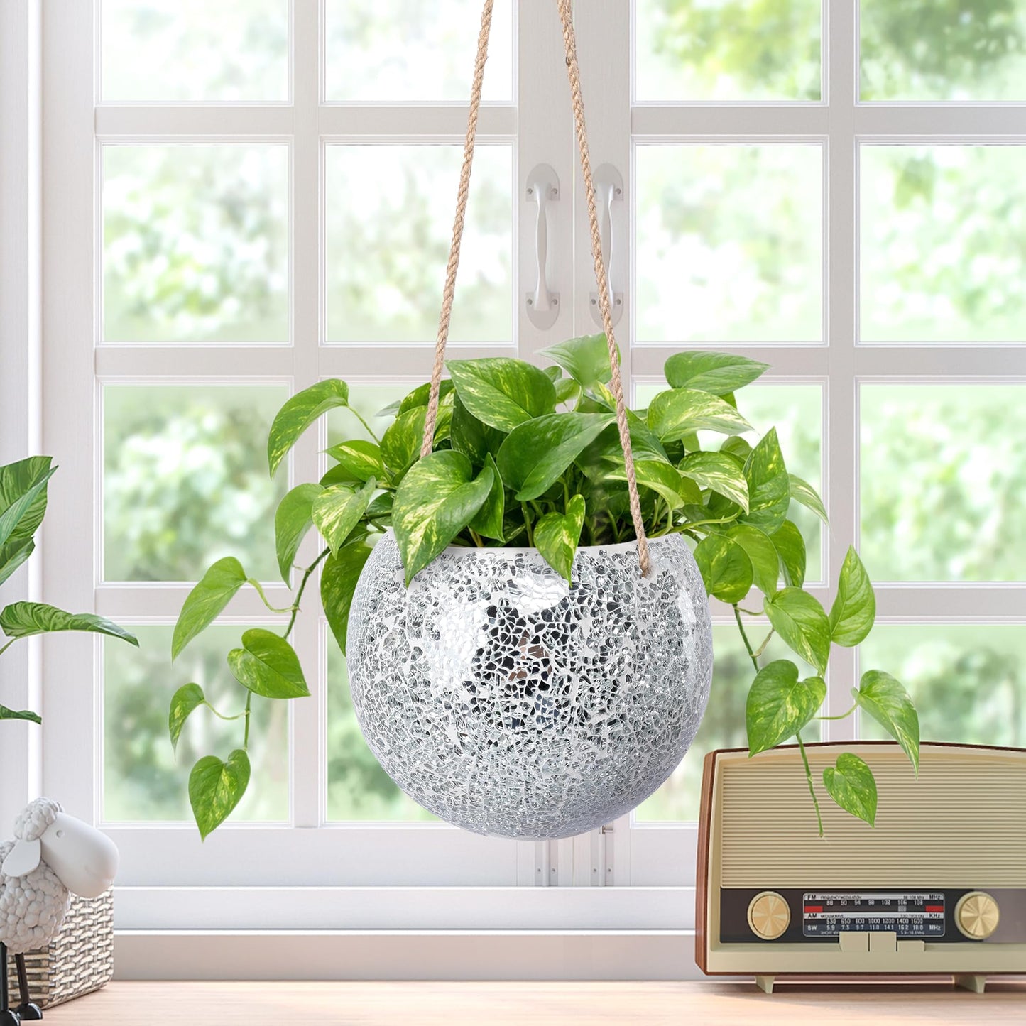 Chonsun Hanging Planter Mosaic Garden Pot Small Flower Pot for Indoor Plant Disco Ball Hanging Planter with Drainage Sliver
