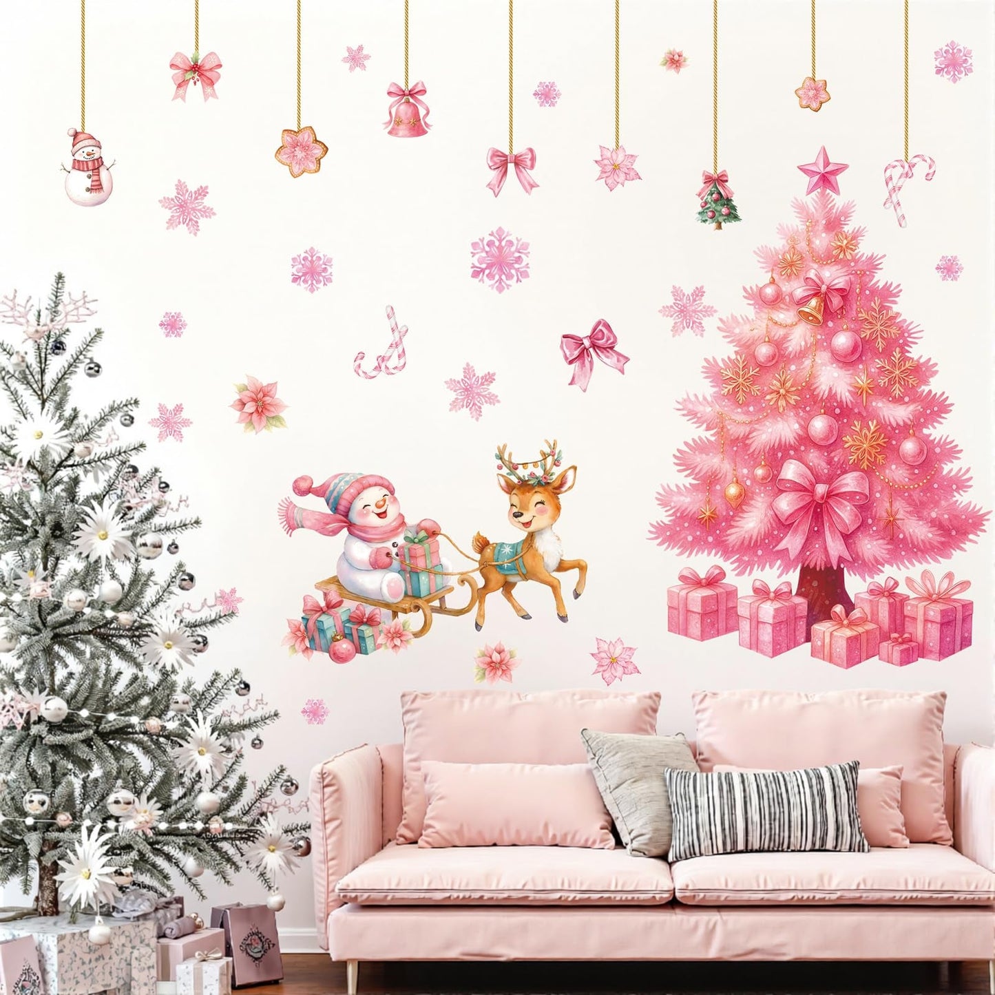 TOARTI Large Pink Christmas Tree Wall Decals Merry Christmas Window Clings Pink Xmas Tree Wall Sticker for Living Room Xmas Party Supplies Winter Holiday Party Decor