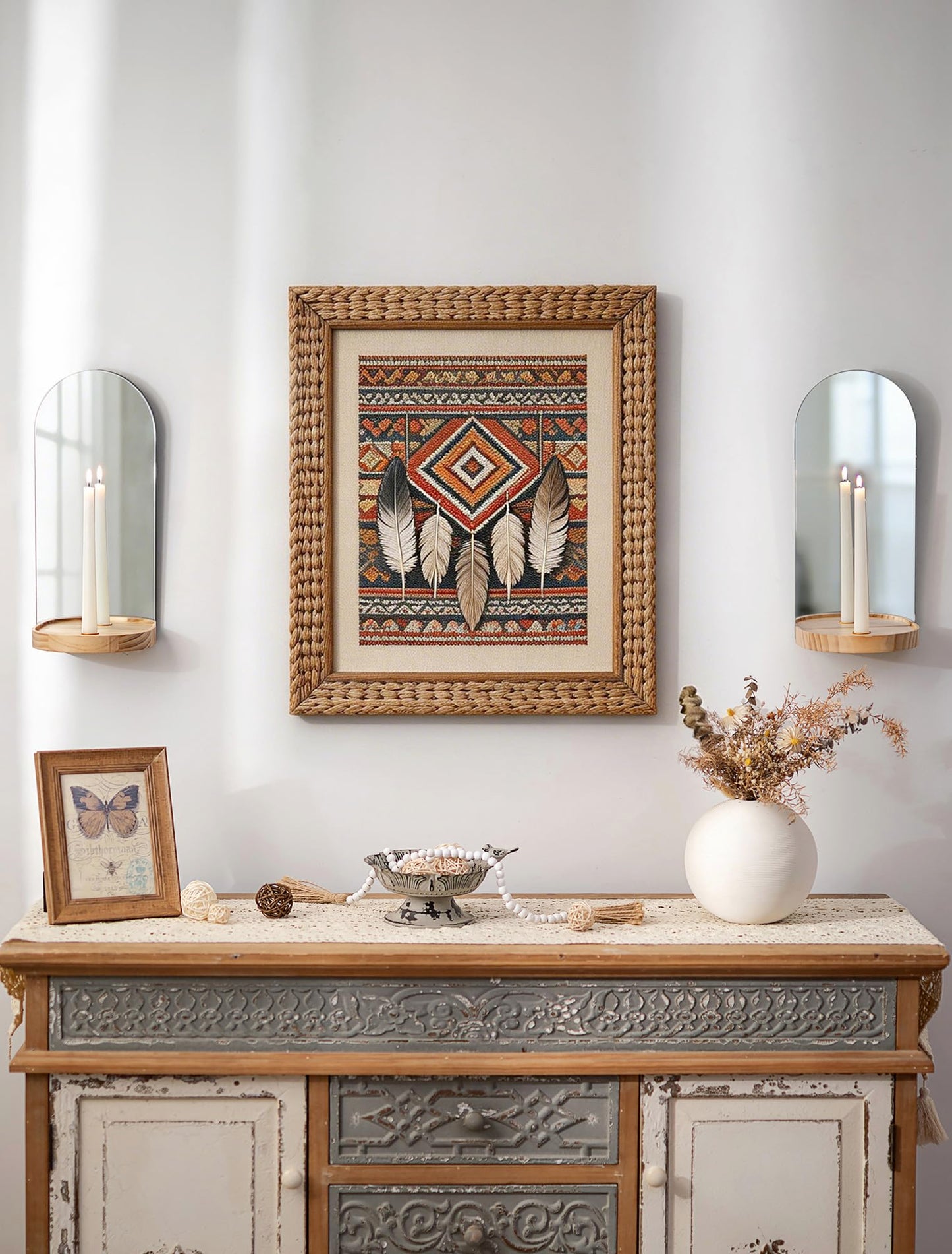 Walasis Wall Candle Holder Set of 2: Arch Mirror Candle Sconces Boho Wall Decor for Livingroom Entryway - Nature Wood Bohemian Candle Sconces Display Shelf with Ledge for Vase Candles