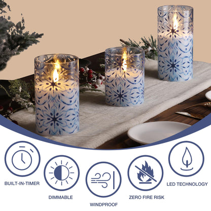 Eywamage Blue Snowflakes Glass Flameless Candles with Remote, Christmas LED Pillar Candles Battery Operated Flickering Set of 3
