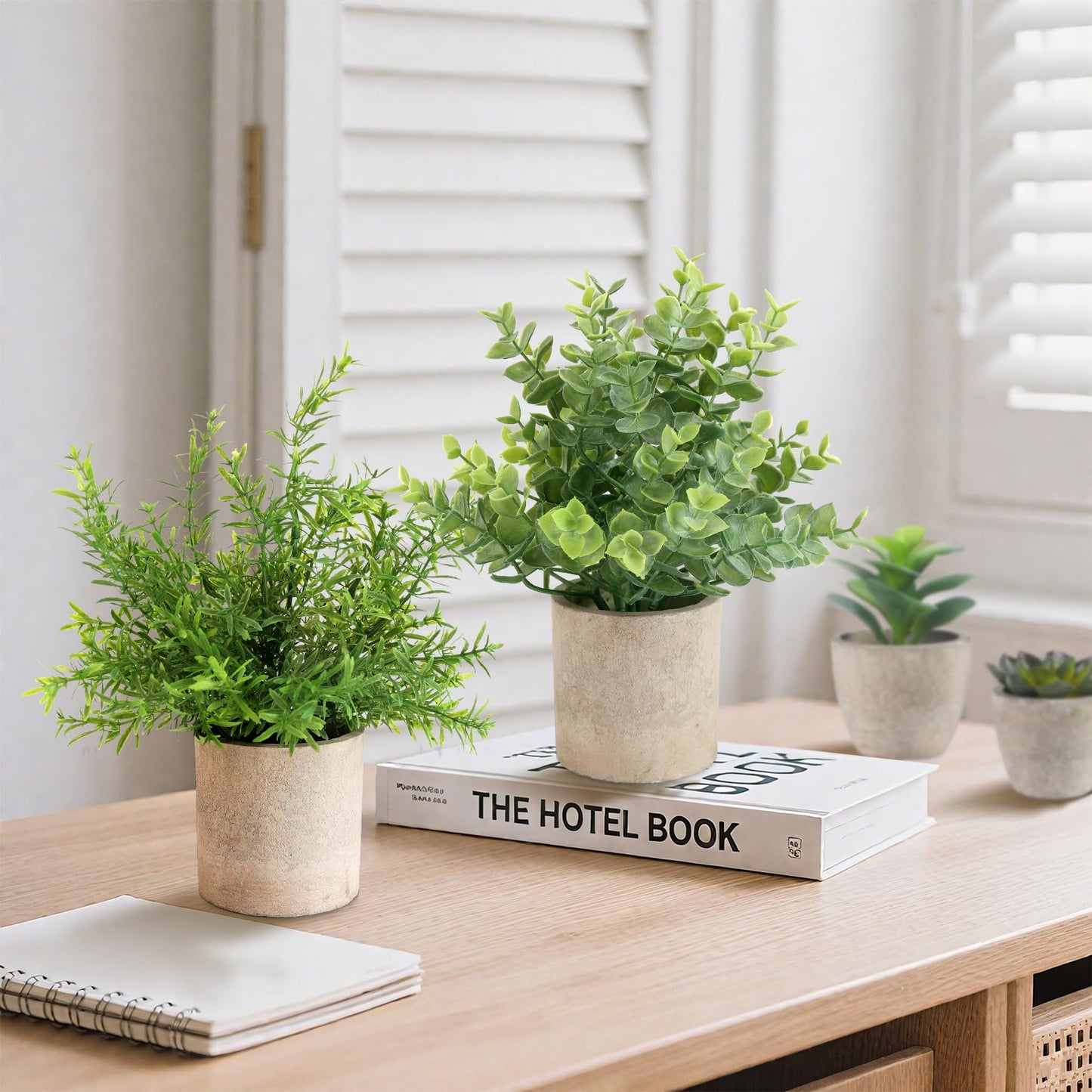 ALAGIRLS 4 Pack Small Fake Plants, 10" Artificial Plants Indoor Eucalyptus/Rosemary/Succulents, Small Faux Plants in Pulp Pot,for Farmhouse Decor, for Bathroom Bedroom Kitchen Office Living Room Decor