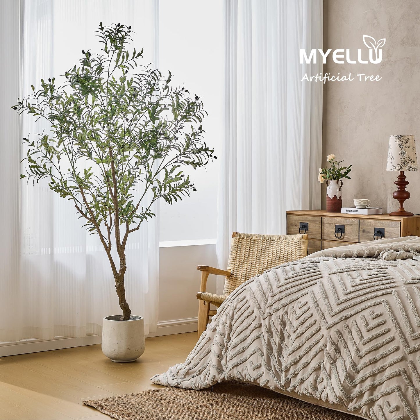 MYELLU 7FT Olive Tree Artificial Plant Decor - Tall Fake Tree for Home Decor Faux Plant Indoor 2000 Leaves Artificial Olive Tree for Living Room Bedroom Office Live Streams Decorative Modern Greenery