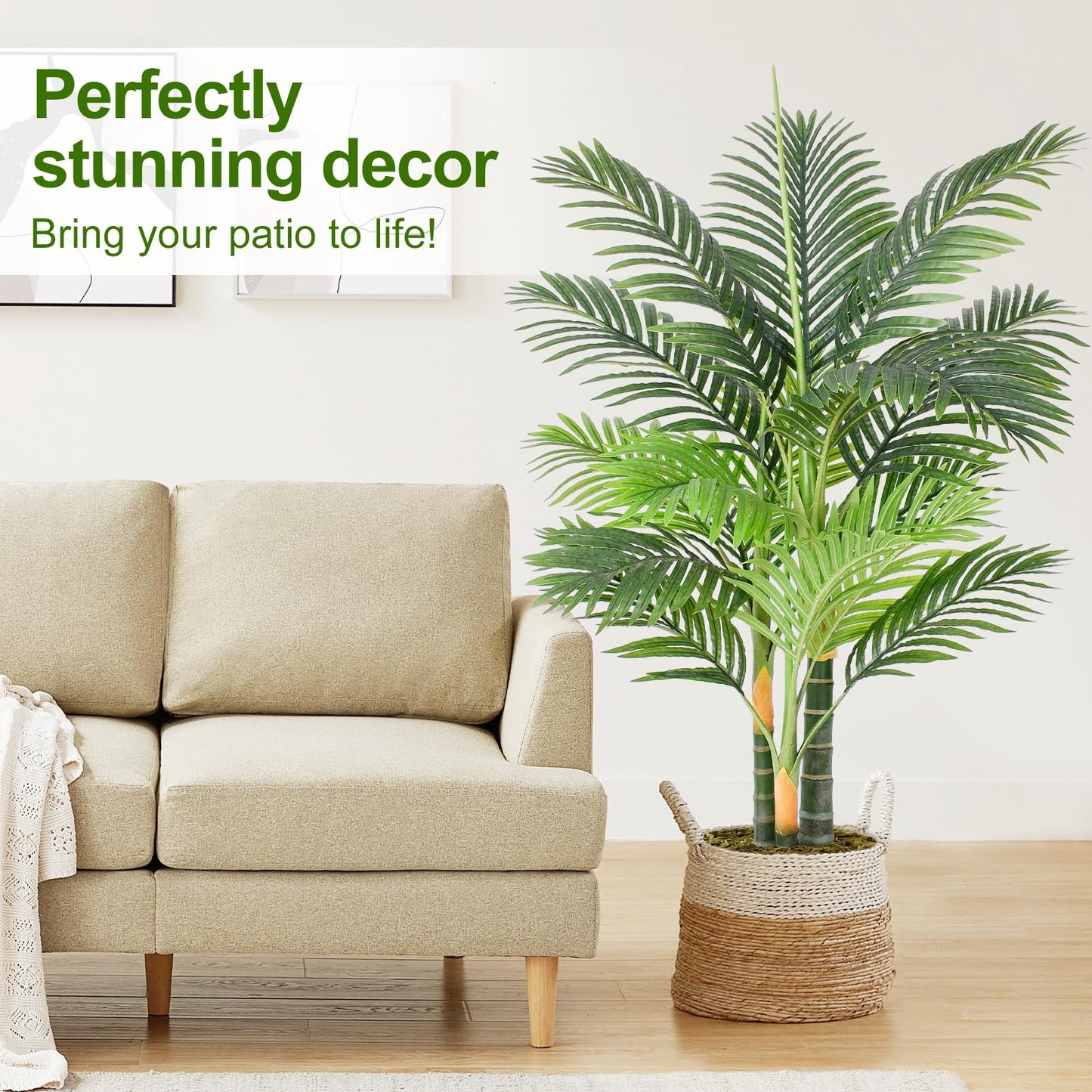 Keeplush 4ft Tall Triple Golden Cane Palm Artificial Tree Large Tropical Palm Tree UV Resistant Fake Plant in Pot for Indoor Outdoor Big House Living Room Outside Patio Office Home Decor 1Pack