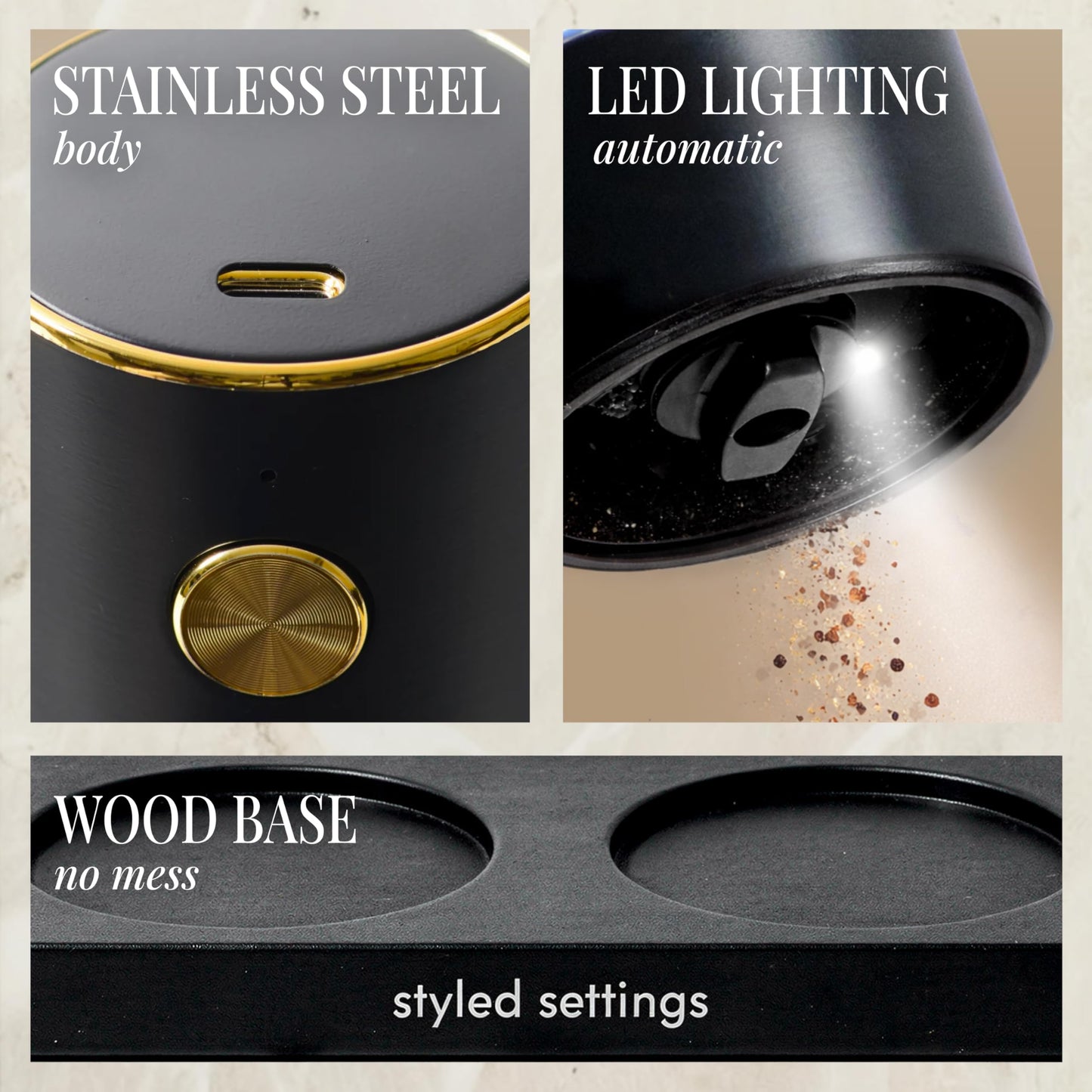 Electric Salt and Pepper Grinder Set Rechargeable – Black and Gold Salt and Pepper Shakers with USB-C Charging, Adjustable Grind, LED Light, One Touch Control, Stainless Steel Body