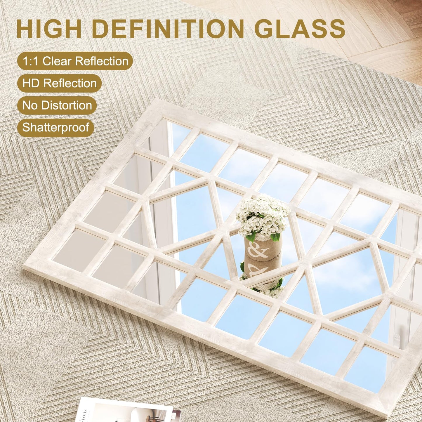 CozyDH Farmhouse Window Pane Mirror Decor - 24x36 inch Retro White Rectangle Wall Mirror Soli Wood Frame, Decorative Wooden Accent Mirror for Entryway, Fireplace, Living Room, Hallway, Dining Room