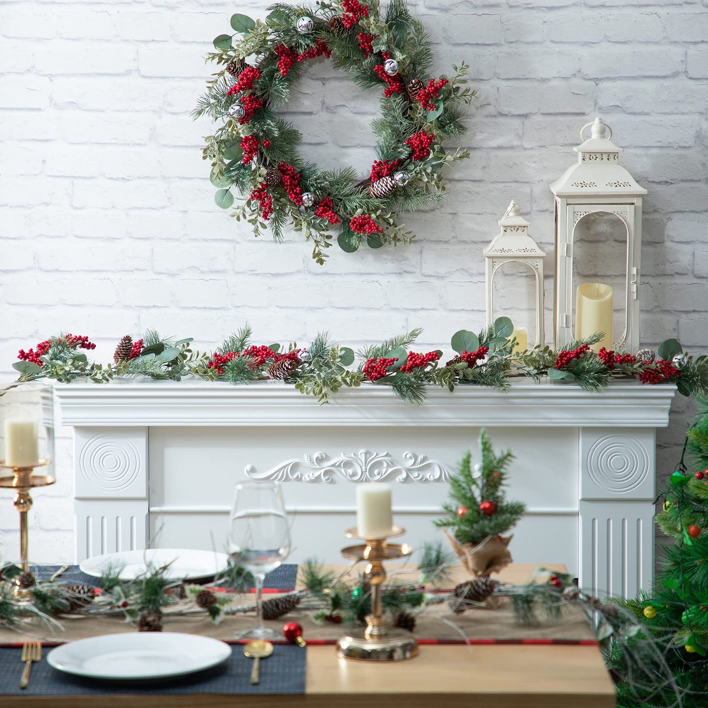 LOHASBEE Artificial Christmas Garland, 5 Feet Pine Cone Eucalyptus Garland with Red Berries, Bells & Greenery Glitter for Christmas Indoor Outdoor Garden Gate Front Door Home Wall Window Stair Decor