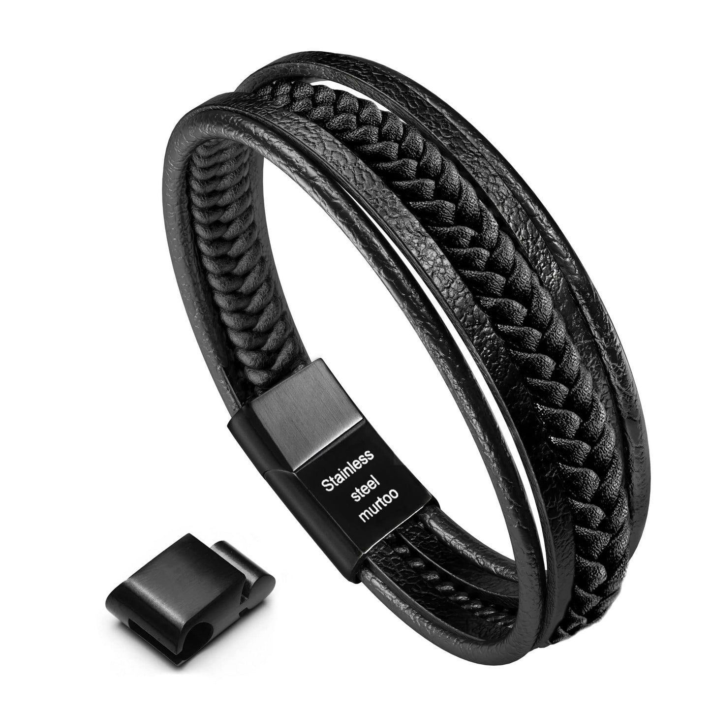 murtoo Bracelet for Man Cowhide Genuine Leather Women Unisex Cuff Wrap Bracelet Brown Black Multi-Layer Magnetic Clasp Rope Wristband (Black, 8.7'')