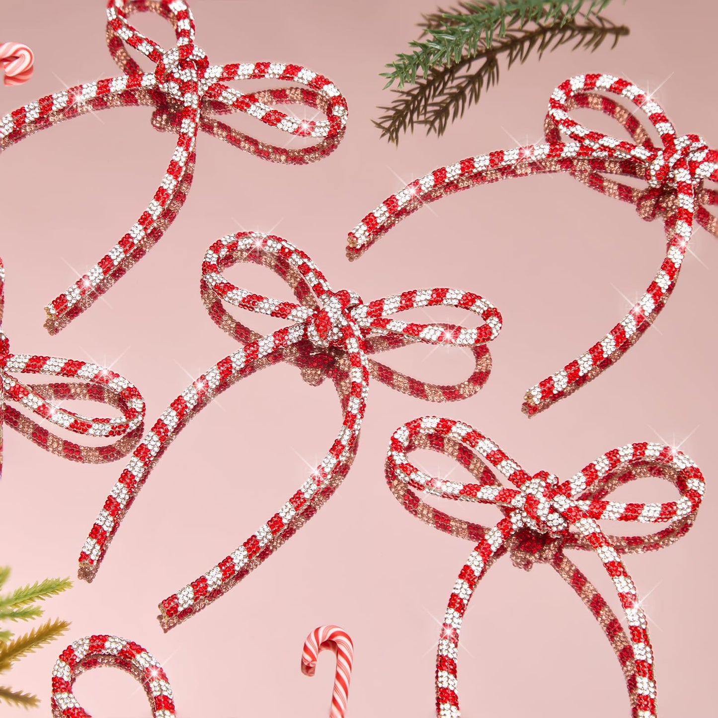 FLAIR GIFTS 6 Pcs 4.3" x 6" 2026 Christmas Bows for Tree Decor, Candy Cane Sparkly Glitter Rhinestone Bow Ornaments with Twist Tie for Xmas Decoration, Wreath, Garland, Gift Wrapping