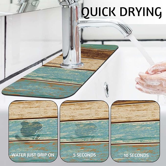 MCALK Wood Pattern Teal Kitchen Sink Faucet Mat Splash Guard, Absorbent