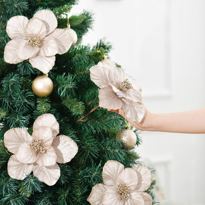 YSZL Christmas Poinsettias Artificial Magnolia Flower Ornaments Floral Picks Stems Christmas Tree Decorations Pack of 10 for Xmas Tree Party Wedding Centerpiece (Champagne)