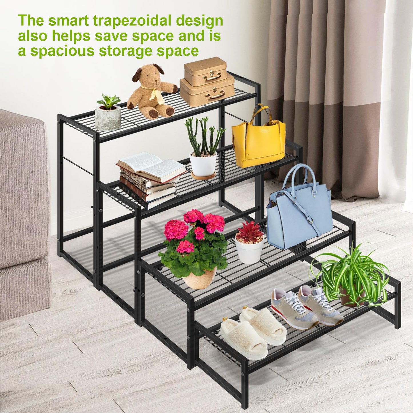 Meyoppm 4 Tier Metal Plant Stand Indoor Outdoor, Ladder Flower Pot Holder Plant Stands, Stackable Heavy Duty Tall Plant Shelf Flower Pot Holder for Garden, Display Rack