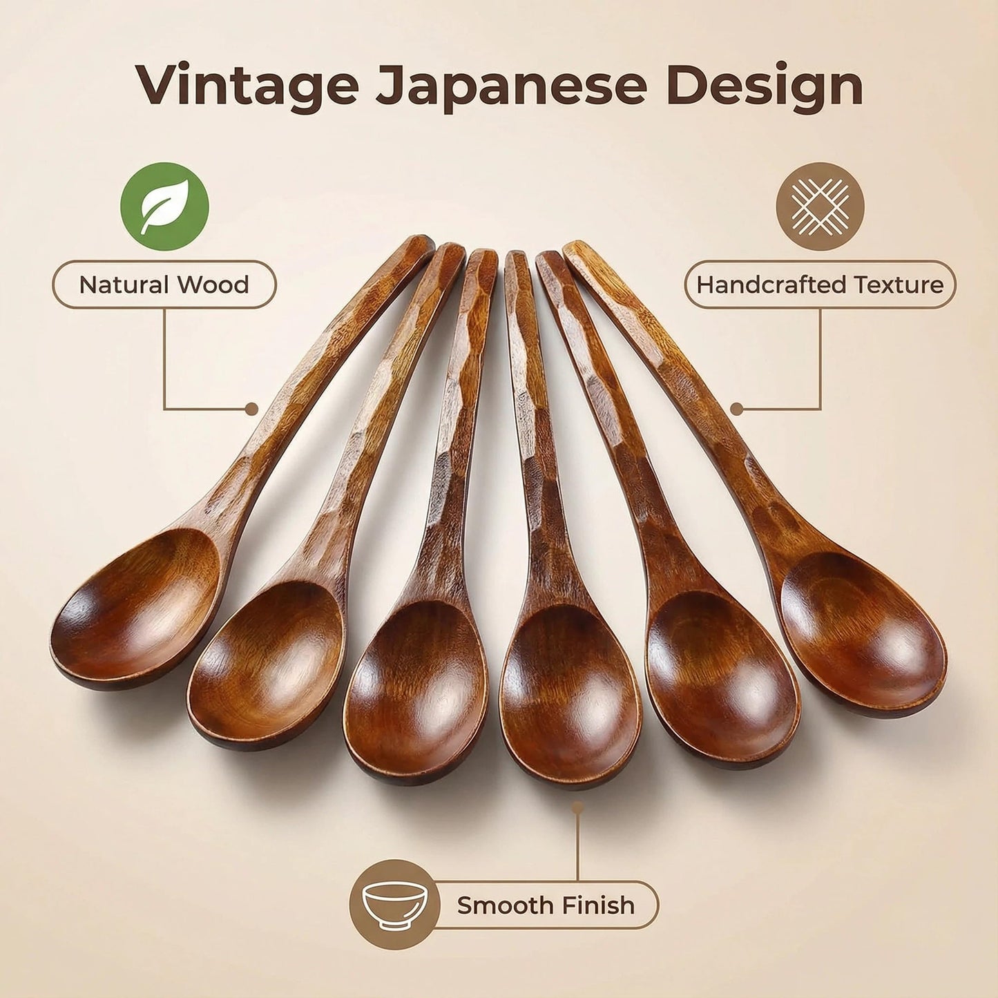 Diulazin Handmade Wooden Spoons for Eating, Japanese Ramen Spoon Set with Long Handle, Perfect for Rice, Desserts, and Cooking - Stylish Kitchen Utensils (6 PCS)