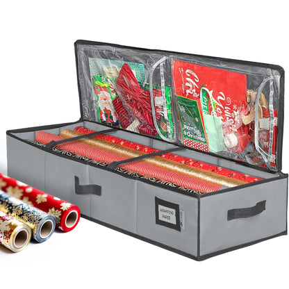 HOLDN’ STORAGE Premium Wrapping Paper Storage Container - Durable 600D Tear-Proof, Fits 27 Rolls Gift Wrap, Extra Pockets for Ribbons & Bows, Underbed Storage - Ideal for Holiday Christmas, Gray