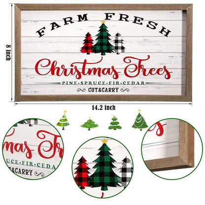 Christmas Signs Farm Fresh Christmas Trees Wood Sign Rustic Farmhouse Holiday Decor with Wooden Frame Buffalo Plaid Xmas Winter Hanging Wall Decor for Home Party Living Room Fireplaces Table Decor