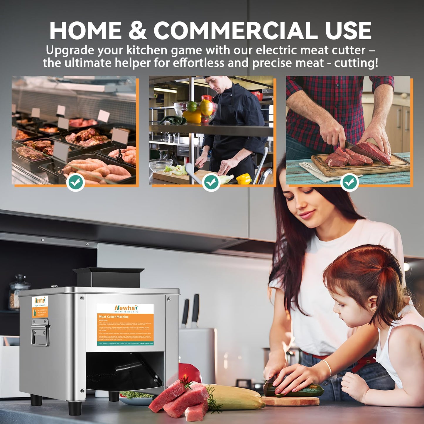 Newhai 850W Meat Cutter Machine 5mm Electric Meat Slicer Shredded Cutting Machine Stainless Steel 330lb/h for Boneless Pork Chicken Fish for Family Commercial Use (Meat thickness: 5mm)