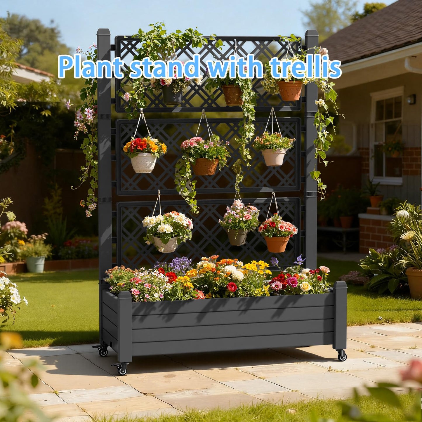 TimberAura 43" x 18" Planter Box with Trellis and Wheels, Large Raised Garden Bed with Cucumber Trellis for Climbing Plants, Outdoor Elevated Planter with Self-Watering & Drain Plug (Black)