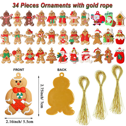 34 Pack Large Christmas Gingerbread Ornaments Set Gingerbread Man Ornaments Ginger Man with Strings Figurine Hanging Ornaments for Christmas Tree Decorations