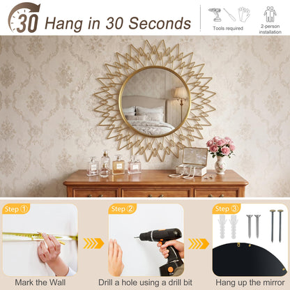 Qiqiong 36" Large Gold Sunburst Wall Mirror - Mid Century Modern Round Starburst Mirror with Metal Radiating Frame - Statement Decorative Wall Art for Living Room, Entryway, Fireplace Mantel