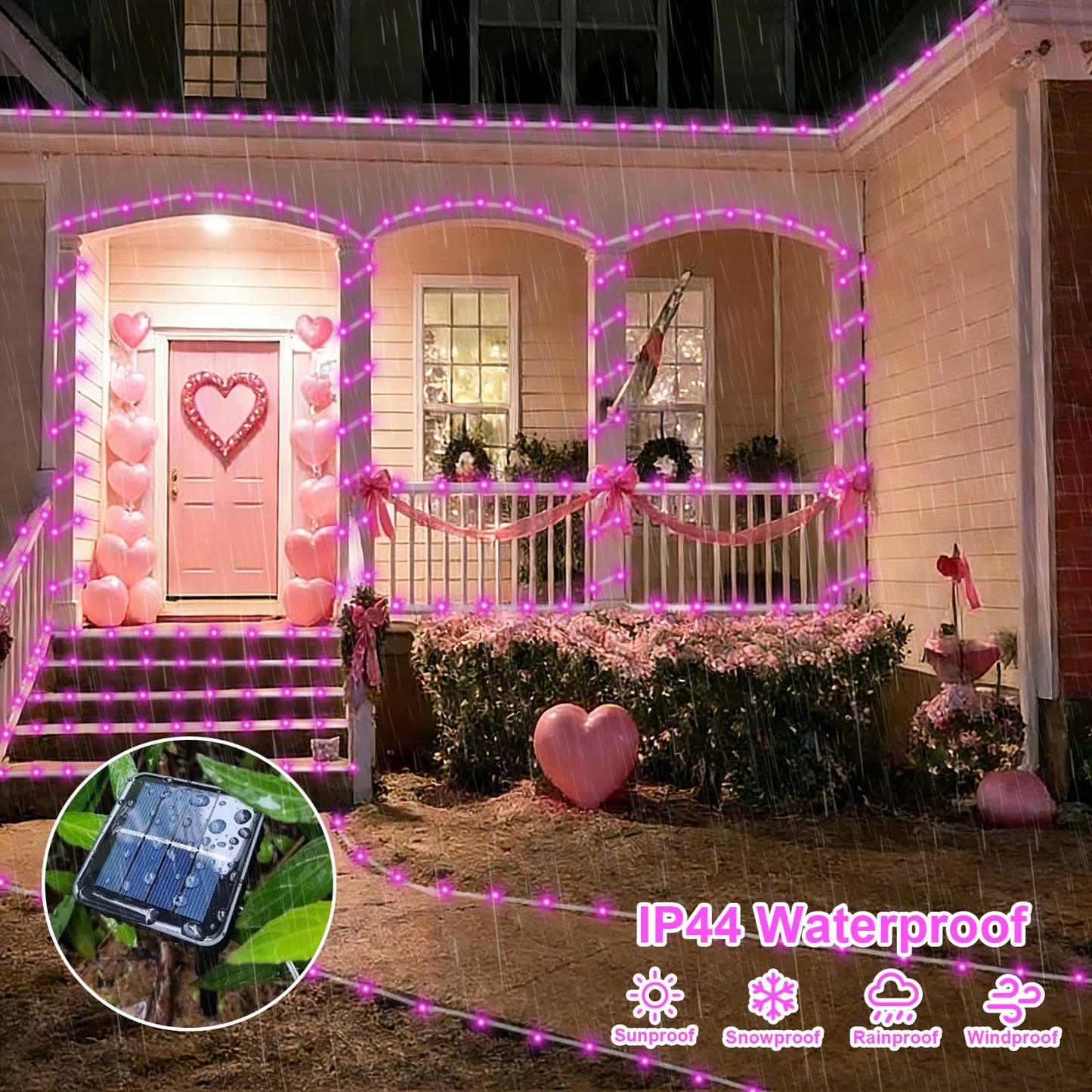 QITONG Pink Solar Rope Lights Outdoor, 2 Pack Each 33ft 100 LED String Light, 8 Modes Fairy Lights in Clear Thin Tube with 8 Modes