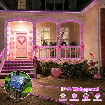 QITONG Pink Solar Rope Lights Outdoor, 2 Pack Each 33ft 100 LED String Light, 8 Modes Fairy Lights in Clear Thin Tube with 8 Modes