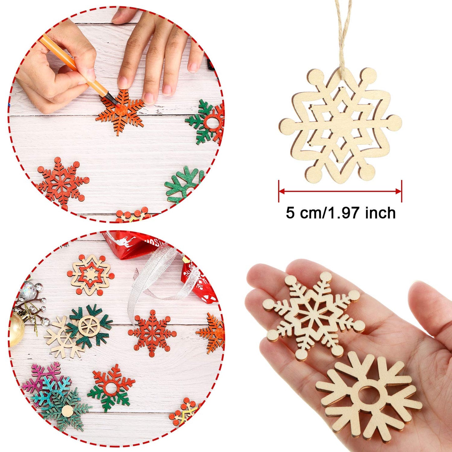 100 Pcs Christmas Unfinished Wooden Snowflake Ornaments Snowflake Hanging Cutouts Blank Wood Slices with Cord Craft Embellishments for Xmas Tree Decorations