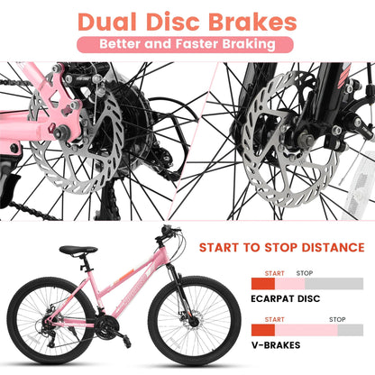Ecarpat Women's Mountain Bike 24/26 Inch Wheels, 21-Speed Trail Commuter City Mountain Bikes, 15"/17" Carbon Steel Frame Female Bicycles Disc Brakes Front Fork, Pink