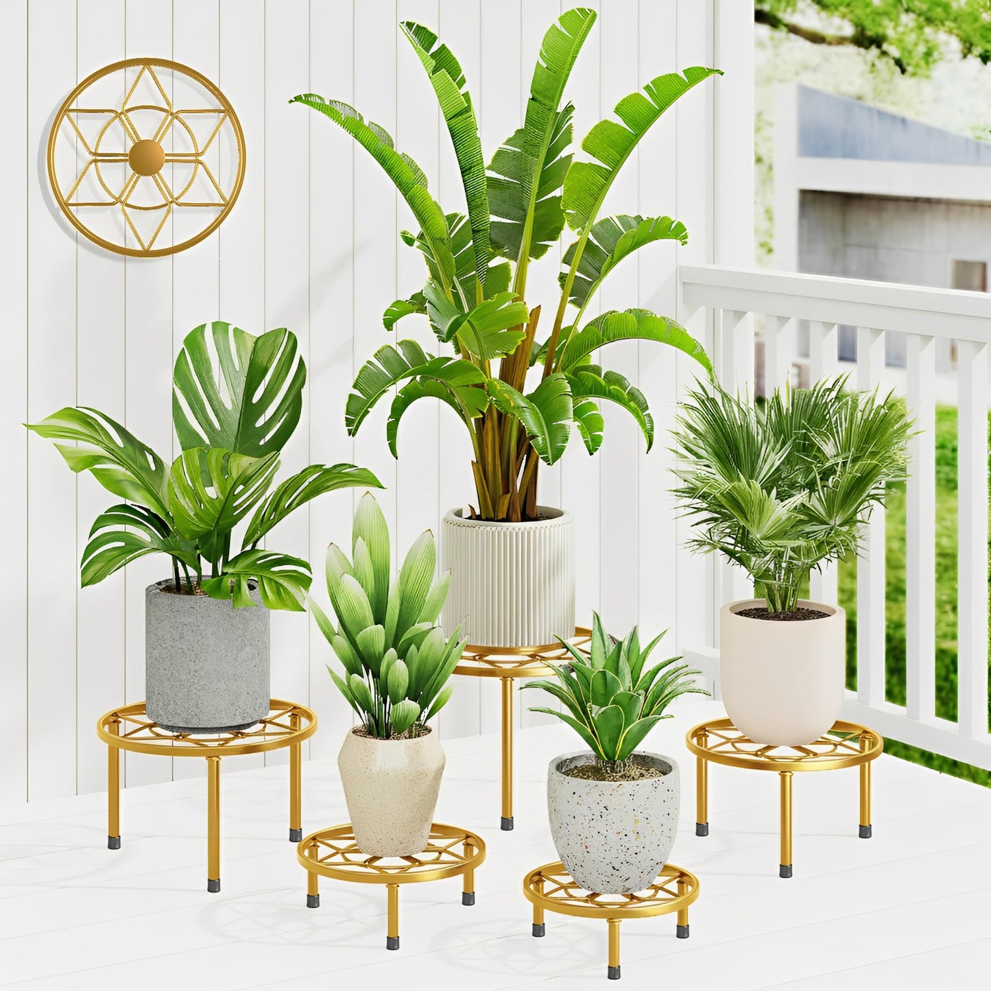 NQW 5 Pack Metal Potted Plant Stands for Indoor Outdoor,Round Planters Flower Pots Stand Holder,Heavy Duty Anti-Rust Iron Plant Shelf for Home Garden Patio Decoration(GoldDiamond)