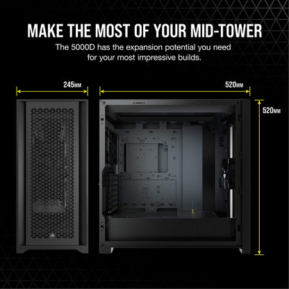 Corsair 5000D Airflow Tempered Glass Mid-Tower ATX Case (High-Airflow Front Panel, Corsair RapidRoute Cable Management System, Two Included 120mm Fans, Motherboard Tray with Fan Mounts) Black