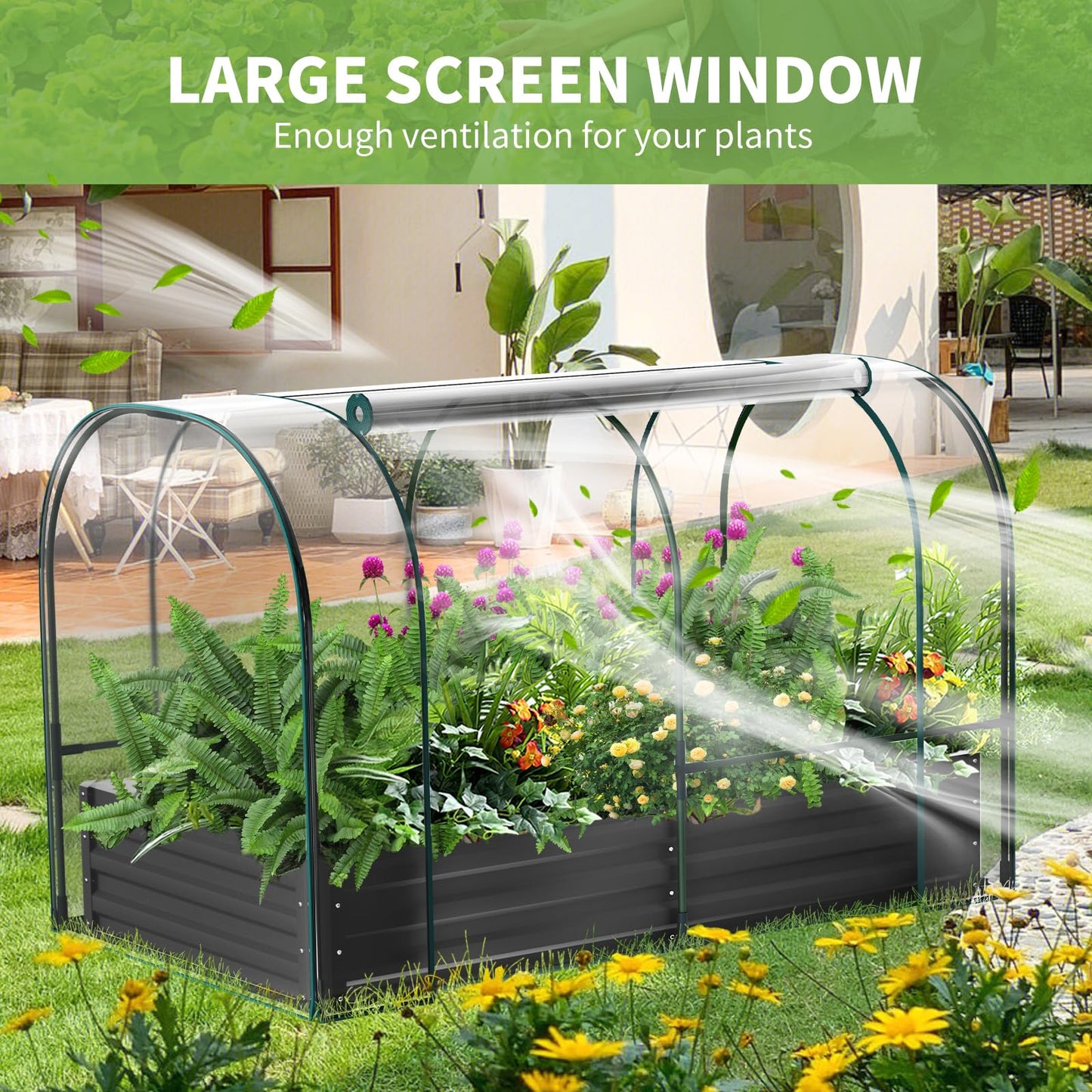 DoCred Galvanized Raised Garden Bed with PVC Cover, 72.8" x 37.4" x 47.2" Metal Planter Bottomless Box w/ Roll-Up Window, Mini Greenhouse Tent for Outdoor Growing Vegetables Flower Fruit