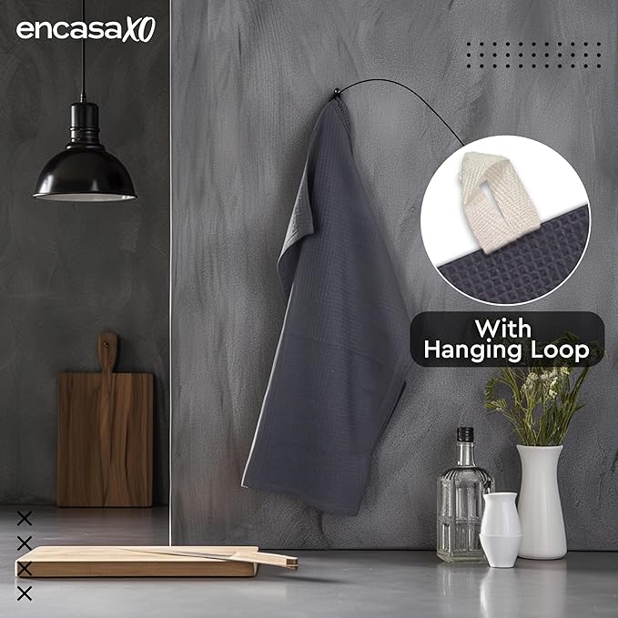 Encasa XO Kitchen Dish Towels Set | Grey | Waffle Weave and Flat Hand Tea Towel