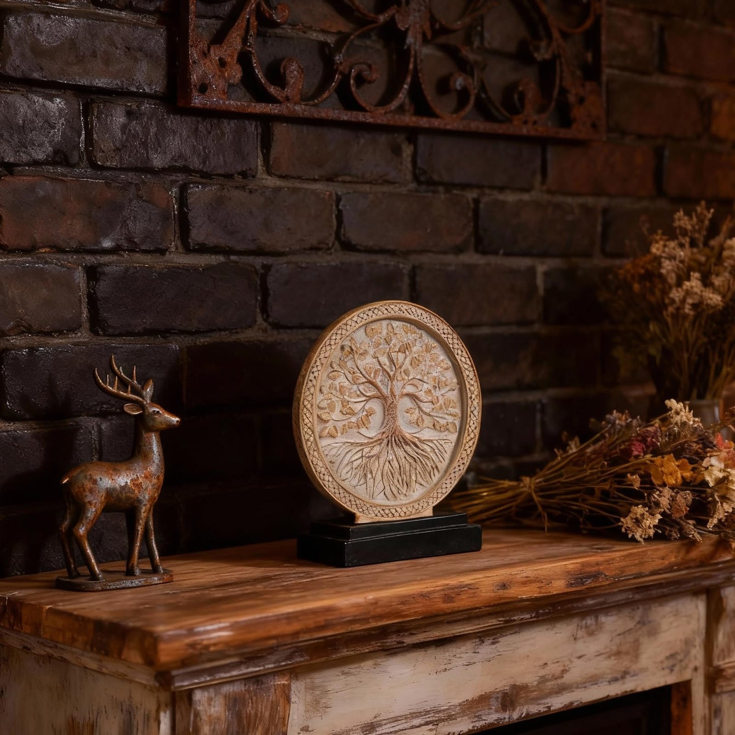 Tree of Life Sculpture for Home Decor,Above Cabinet Decor Kitchen,Boho Knick Knacks Shelf Decor Accent,Round Statue for Credenza Bookshelf Rustic Shabby Chic Center Pieces Decoration (White Gray)