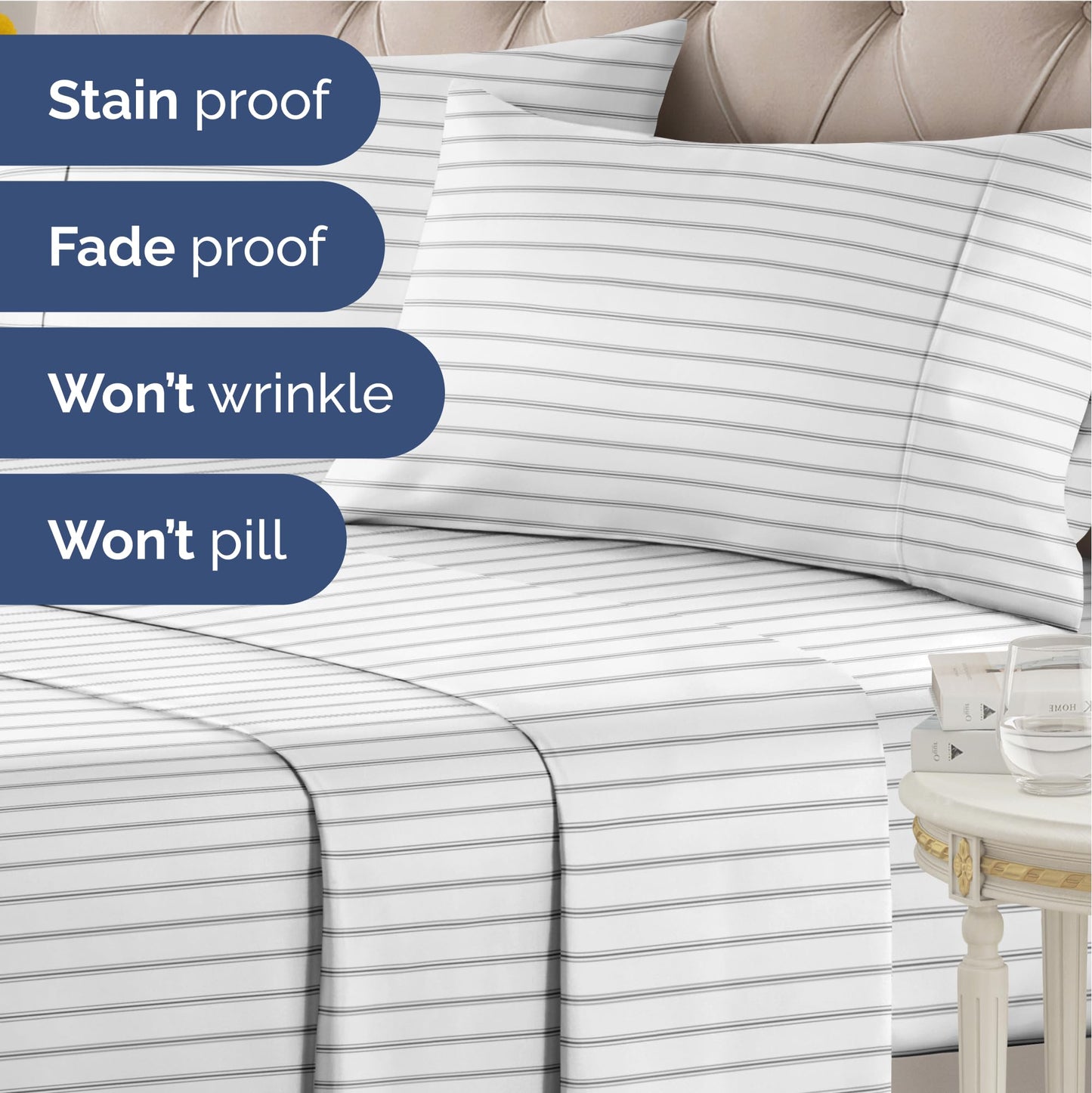 Striped Sheets - Black & White Striped Sheets - 1 Flat & 1 Fitted & 2 Pillowcases w/ Deep Pockets – Wrinkle & Fade Free - Soft, Breathable and Cooling – Luxury Pinstripe Bedding - King Size Bed Set
