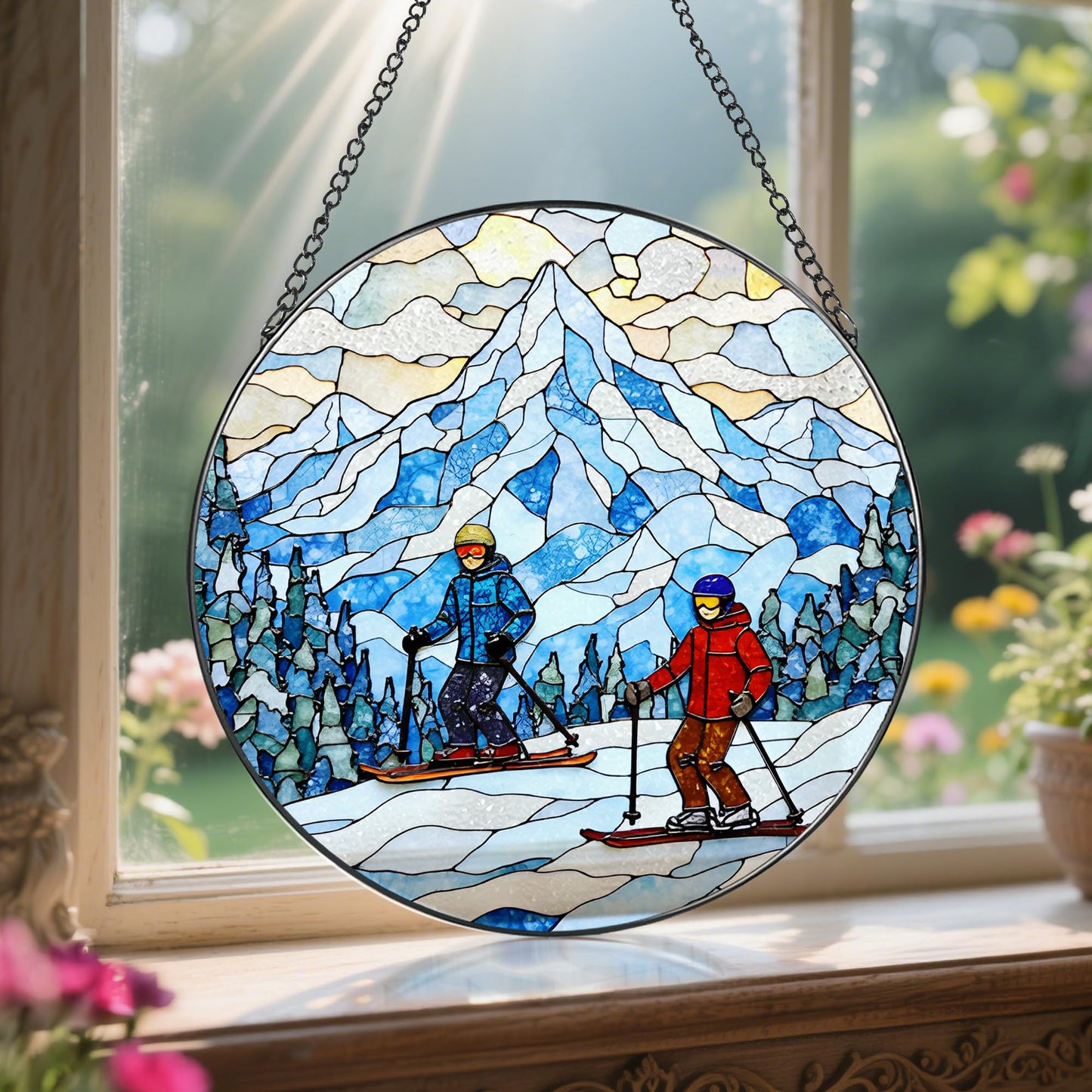 LAOWEIKI 8'' Snowy Mountain Skiers Sun Catcher Ornament, Stained Glass Window Hanging, Sun Catchers for Windows Hanging Ornaments, Window Decor | Ideal Gift, Gift Exchange, Gifts for Skiers