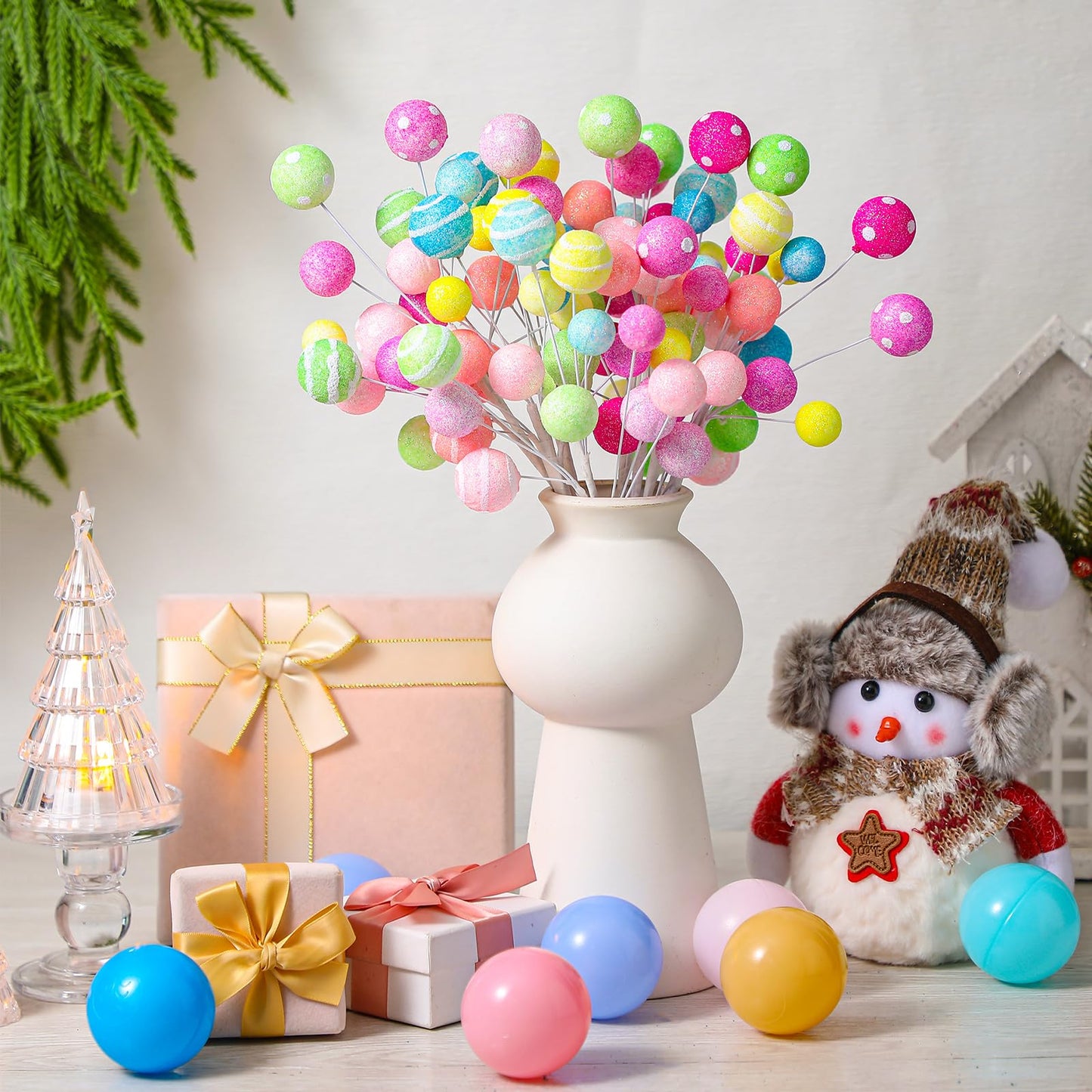Janinka 8 Pcs Christmas Picks Pastel Christmas Candy Decorations Lollipop Macaron Xmas Tree Picks Xmas Tree Topper Glowing Fur Ball for Vase Fillers DIY Crafts Displays Home New Year