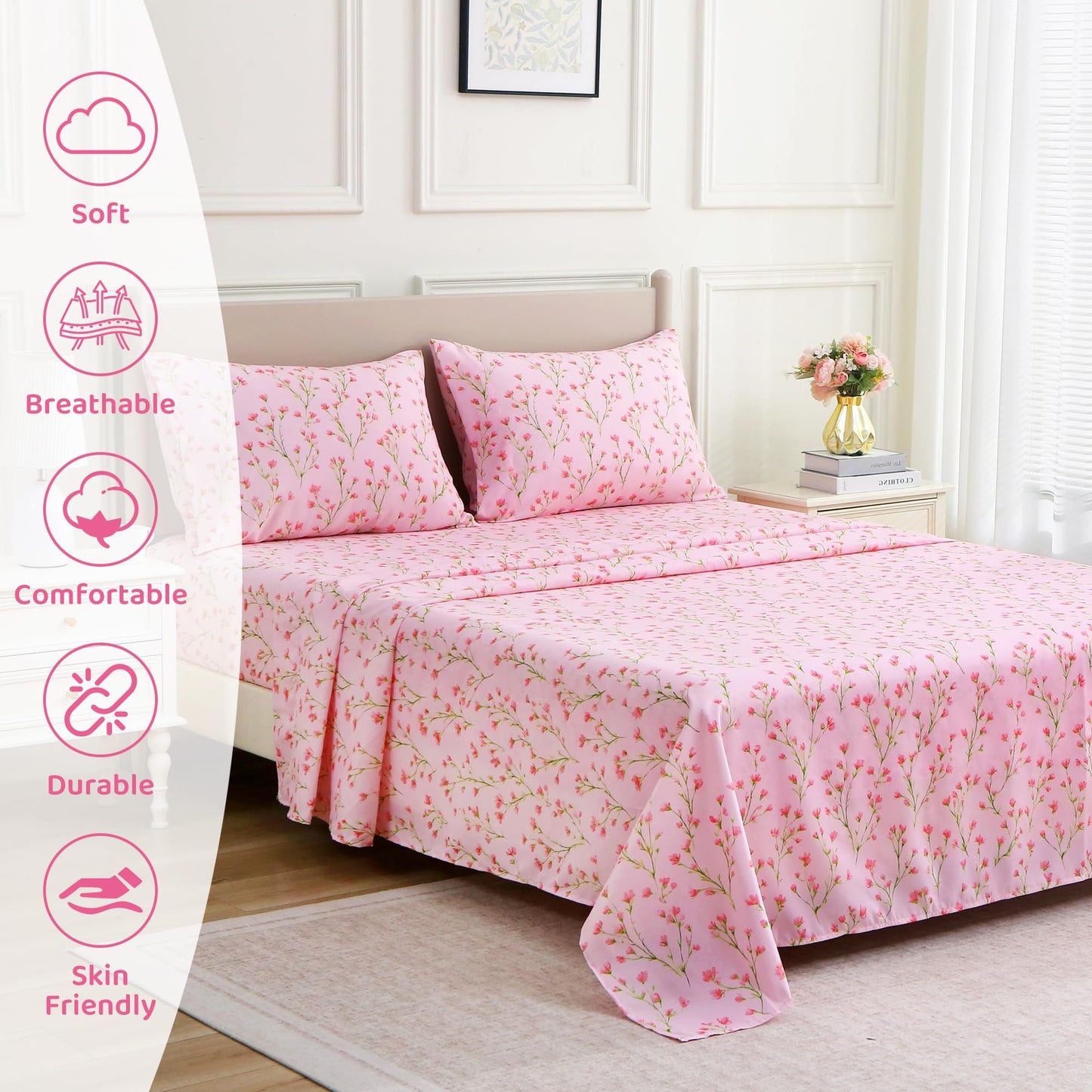 Mooreeke Cozy Floral Microfiber Printed Queen Sheet Set - Soft & Breathable Pink Flowers Bed Sheets with Deep Pocket - Non-Slip Fitted Design - Pink Flowers with Green Branches Pattern - Queen